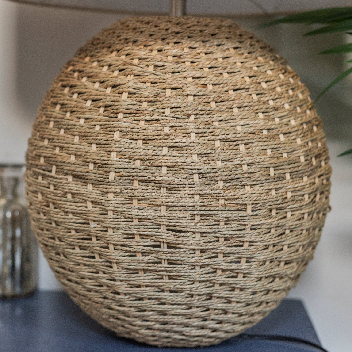 Woven Rattan Orb Table Lamp with Linen Lampshade